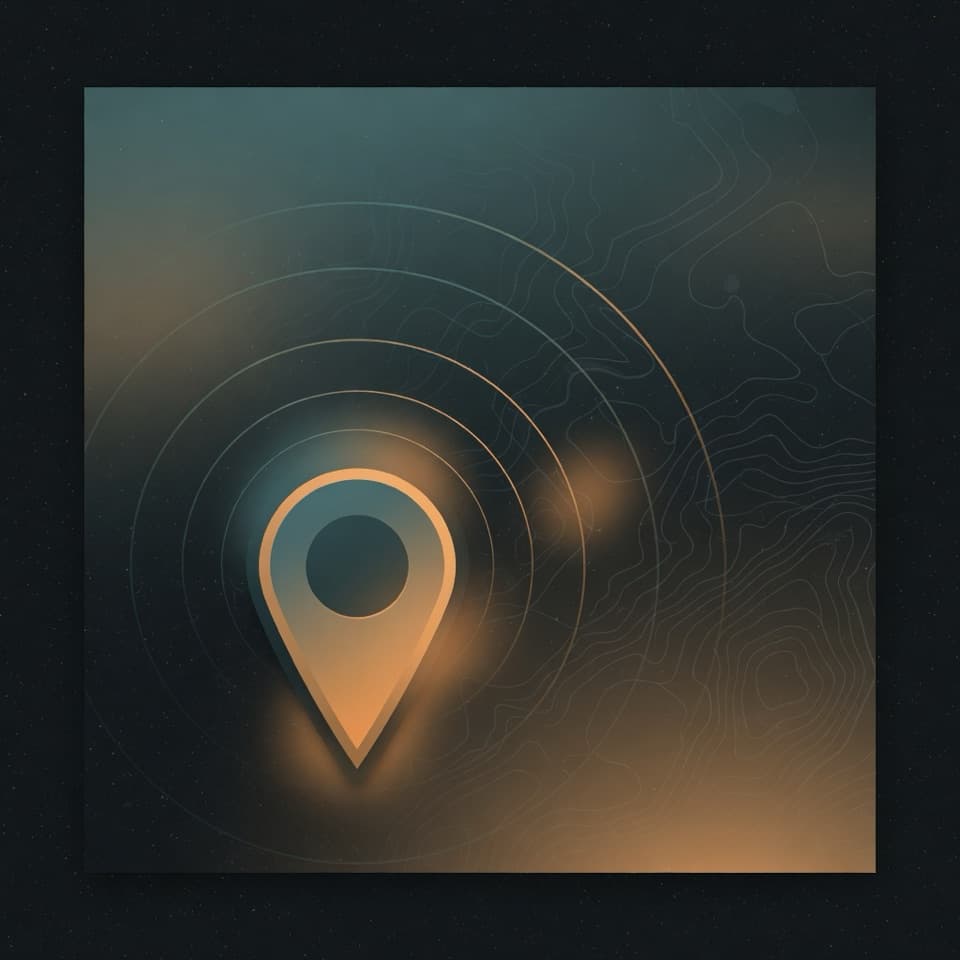 Abstract location pin with radar rings and topographic contours in teal and amber