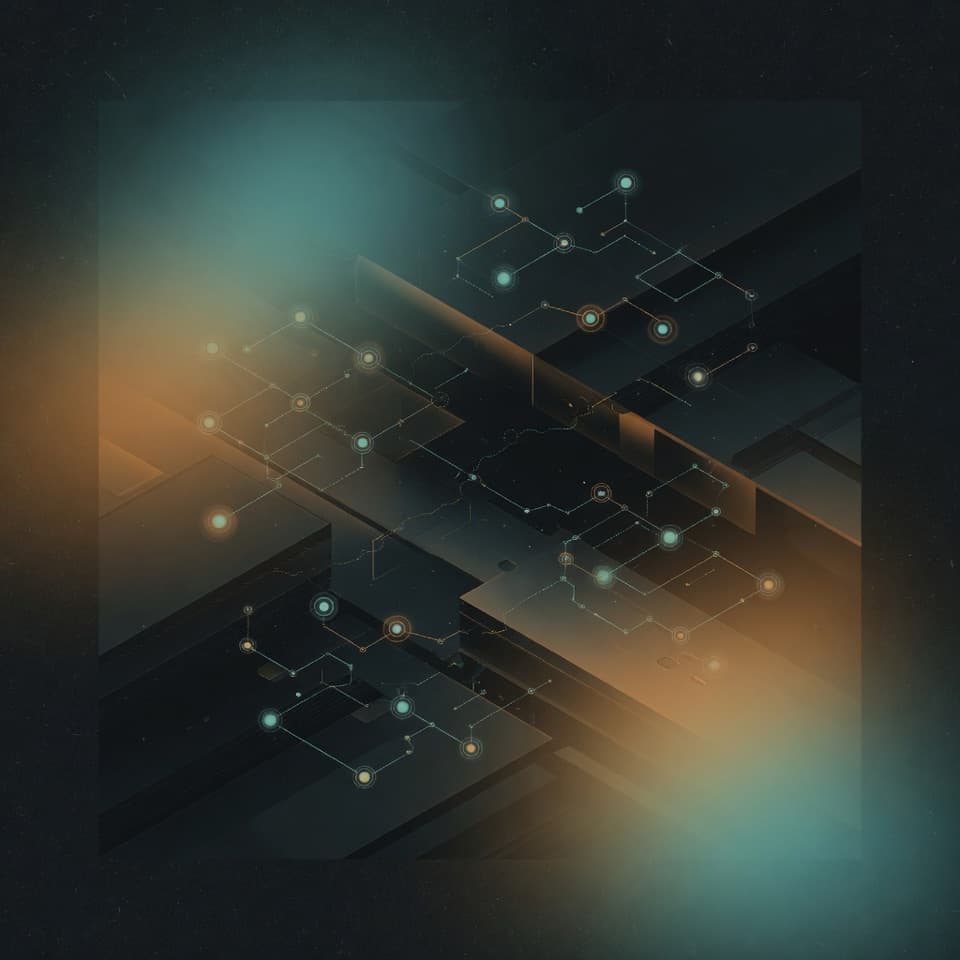 Abstract infrastructure lattice with teal and amber glows on a dark atmospheric field