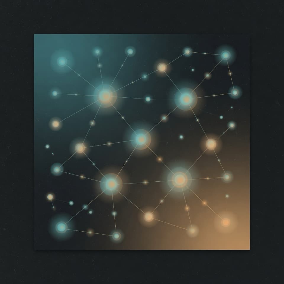 Abstract network of luminous agent nodes connected on a teal-to-amber dusk field